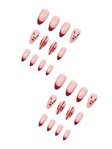 24 Peças Unhas Postiças Médias de Amêndoa para o Natal, Unhas Francesas Vermelhas Góticas com Padrão de Laço de Cervo, Estilo Y2K, Cobertura Completa para Mulheres, Arte de Unhas Festiva