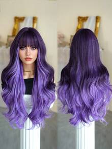 7JHH WIGS Stylish Purple Balayage Wigs Extra Long Wavy Wig With Bangs, High Density Heat-Resistant Fiber Hair, Fluffy Natural Synthetic Wave Curly Wigs For Women Halloween Party Use 28 Inch Cosplay Costume Wig Accessories - 挑染紫色 - 查看 5