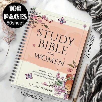 1 caiet spiralat floral - Biblie de studiu pentru femei cu 52 de teme săptămânale, jurnal creștin de 100 de pagini pentru studiu biblic și rugăciune, cadou religios roz elegant pentru biserică, prieteni, familie, colegi, jurnal spiritual, ornamente florale, design artistic al copertei, imprimare de calitate, hârtie durabilă