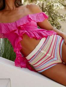 Women's Knitted Shorts Casual Stylish Colorful Contrast Striped Elastic Mid Rise Shorts - Pink - View 6