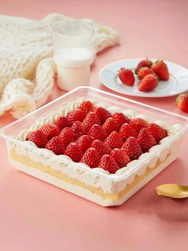 5pcs,Christmas Strawberry Cake Packing Box, Square Transparent Dessert Box With Lid, Christmas Atmosphere Visual Cake Packing Box, Square Cake Layer Box