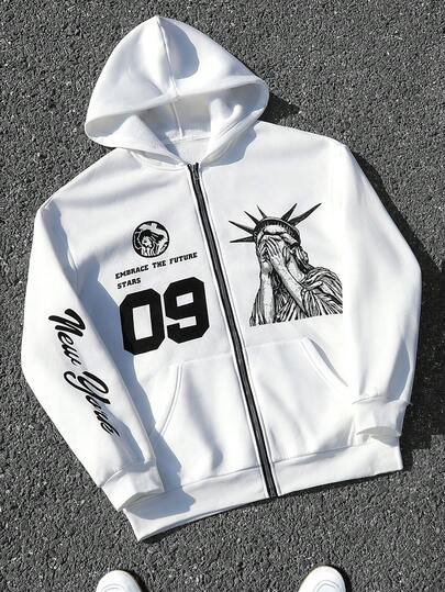 Men's Casual Street Fashion Liberty Graphic Zip-Up Hoodie, Autumn/Winter