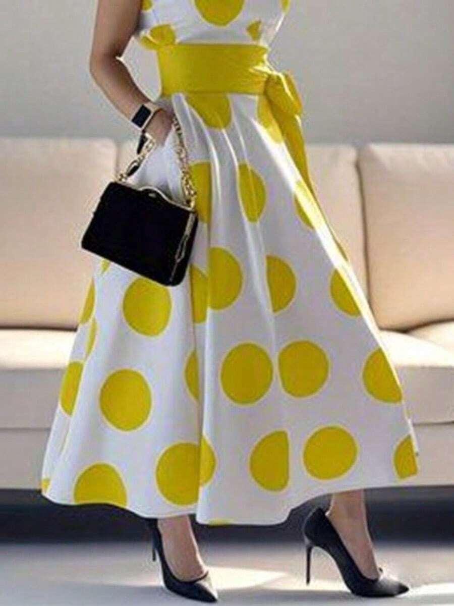 2025 Summer Fall Women's Casual Polka Dots Elegant Birthday Dress Daily A-Line Flare Shirt Dress For Women Party Evening Prom Dresses - 黃色 - 查看 1