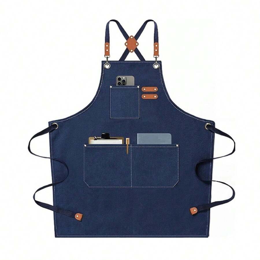 Heavy Duty Chef Apron For Men & Women - Cotton Canvas Crossback Design With Large Pockets - Adjustable Neck & Waist - 深藍色 - 查看 1