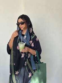 2pcs Modest Printed Cardigan & Headscarf Set, Middle Eastern Dubai Style Abaya Wedding Black Spring - Black - View 7