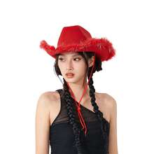Womens Cowboy Hat, Adult Solid Color Furry Trim Wide Brim Hat Female Cap For Dating Party - Red - View 4