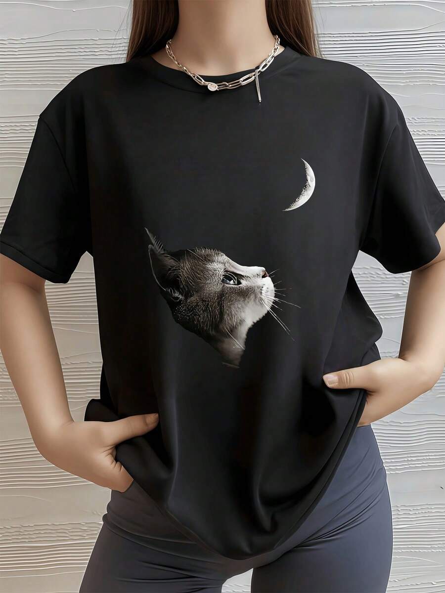 Gato Luna Camisa de T con estampado digital de 220 gramos Diseño Animal 1 unidad de 100% algodón puro Estilo Coreano Camiseta casual de manga corta para mujer de talla grande,Gráfico Felino Lunar para dama - Negro - Ver 1