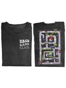 Men's Tired Dad Club Pattern T-Shirt-Double-Sided Washed Batik Cotton Retro Street Style Short Sleeve Round Neck, Machine Washed Four Seasons Casual Shirt, Suitable For Father's Day Gift, Daily Wear, Humorous Printing, Durable Material, High Quality Fabric, Beach Clothing For Humorous People - 黑色 - 查看 1