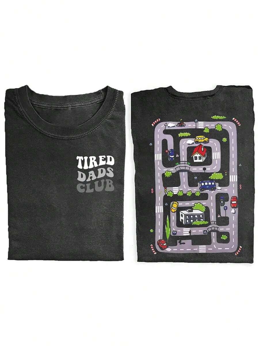 Men's Tired Dad Club Pattern T-Shirt-Double-Sided Washed Batik Cotton Retro Street Style Short Sleeve Round Neck, Machine Washed Four Seasons Casual Shirt, Suitable For Father's Day Gift, Daily Wear, Humorous Printing, Durable Material, High Quality Fabric, Beach Clothing For Humorous People - 黑色 - 查看 1