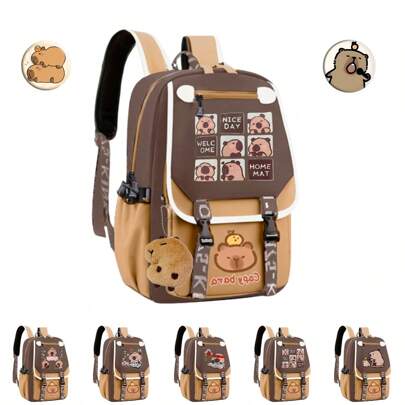 Mochila Capibara Kawaii Escolar 4 Compartimentos Multifuncional Marron Rosa Moda  Gran Capacidad Ligera Con Estampado Para Niño Niña Adolecentes Practico 1 LLAVERO DE CAPIBARA Y 2 PINES DE CAPIBARA MOCHILA GRANDE