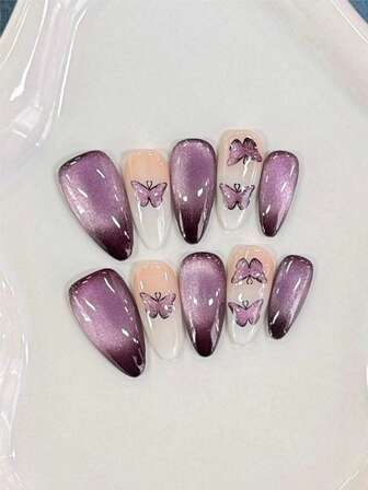 10 件中杏仁手工按压指甲，适合派对和日常佩戴，紫色指甲，深紫色猫眼。蝴蝶，中指甲，易于佩戴 10 件 Y2K 手工按压指甲，夏季指甲，夏季风格，适合女孩和女士节日派对和日常佩戴