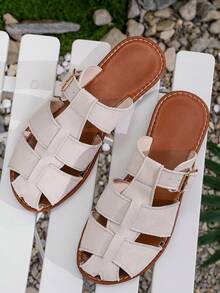 European And American Style Hollow Woven Flat Slide Sandals, Versatile To Pair With Dresses, Beach, Vintage, Minimalist Slip-On Breathable Non-Slip Casual Mules For Women - Apricot - View 5