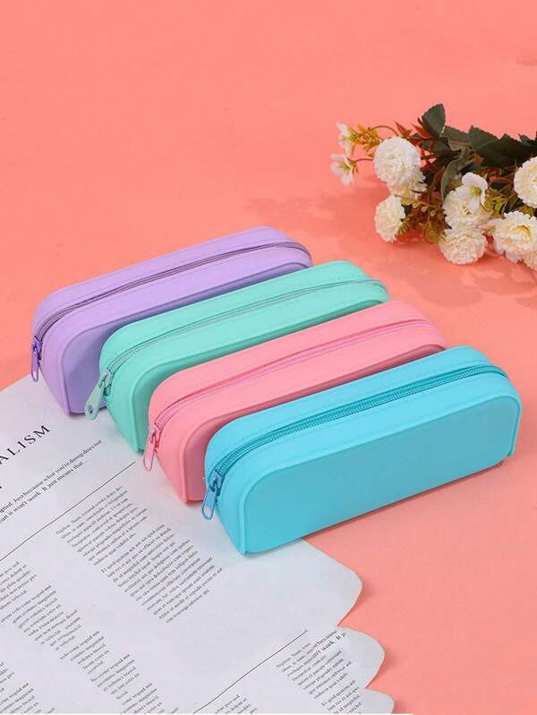 Macaron Color Solid Simple Stationery Bag, Large Capacity Silicone Pencil Case, Student Portable Stationery Pouch