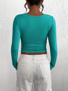 Women's Autumn Long-Sleeved Henry Shirt T-Shirt Button Ribbed Knit Fashion Tight Basic Top Shirt - Xanh Malachite - Xem 6