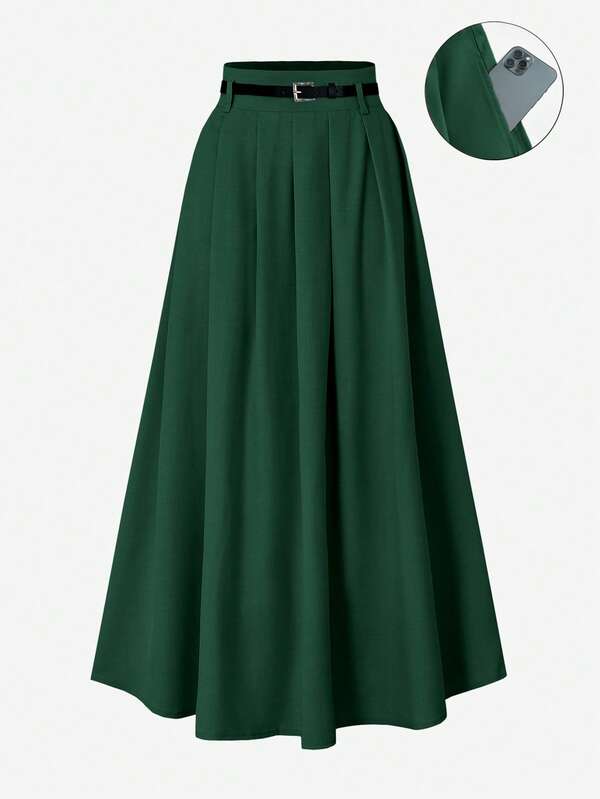 Women's High Waist Pleated Printed Skirt With Decorative Belt