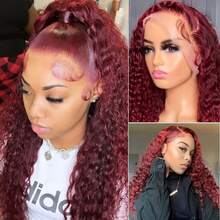 200% Density Deep Wave 99J Burgundy 13x4 Lace Front Wigs Human Hair Deep Wave 13x4 Lace Front Wigs 99J Colored Curly Lace Front Wig Human Hair Pre Plucked With Baby Hair For Women - S99J - 查看 7
