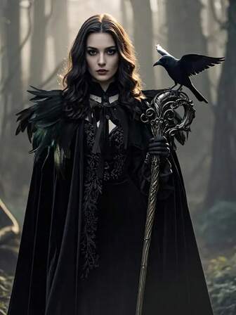 2pcs/Set Extra Long Viking Vintage Wizard Cloak & Feather Cape, Halloween, Carnival, Stage Performance Costume Green Cape