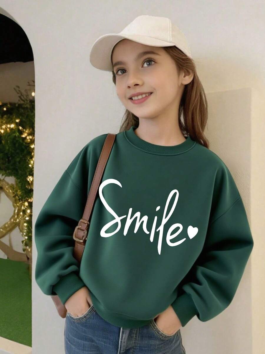 1 Stück Mädchen Sweatshirt mit frischem "Lächeln" Aufdruck, weiches Material, vielseitiger Lässig-Stil