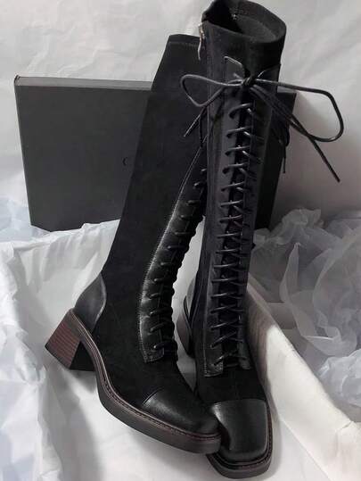 2025 年秋冬新款系带过膝长靴，方头粗跟，修身侧拉链拼接长靴