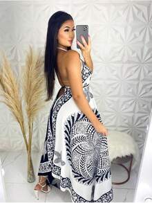 Linco Dress Color Block All-Over Print Floral Boho Chic Casual Backless Knot Asymmetrical Holiday Dress - 黑與白 - 查看 3