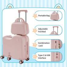 TABU Ride-On Luggage With Portable Bag For Kids & Adults,Hardshell Ride On Suitcase With 360° Universal Wheels, Type-C & USB Interface, Combination Lock And Resistant Material, Pink/Yellow/Black/Blue/Beige - Hồng - Xem 4