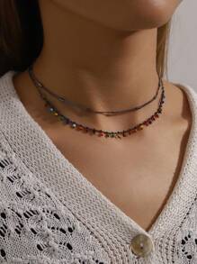 1pc Fashionable & Versatile Bohemian Style Colorful Beaded Pendant Necklace, Multi-Layer Necklace Suitable For Travel, Daily Wear, Jewelry Decoration