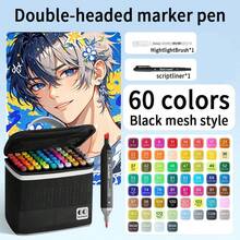 1pc 60 Colors Dual-Tip Permanent Marker Pens, Oil-Based Art Supplies For Students, Anime Design, Drawing, Painting, Suitable For Elementary School, Children, Preschool