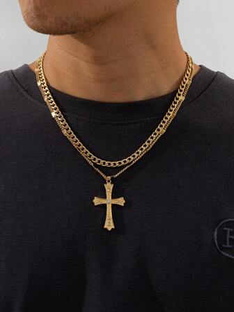 2 件时尚嘻哈金属链项链，带水钻十字架吊坠，适合约会、度假装