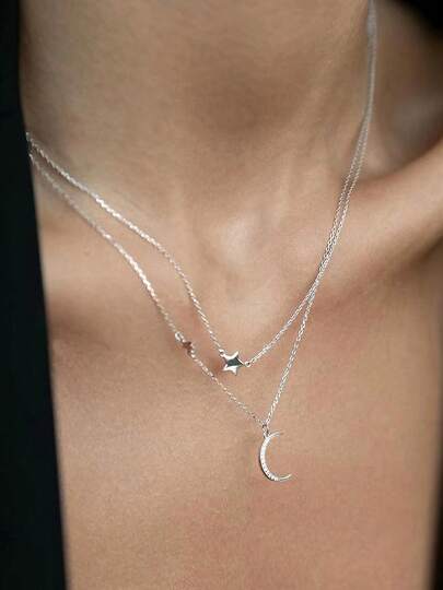1 Piece Elegant Moon & Star Double-Layer 925 Sterling Silver Necklace With Cubic Zirconia – For Ladies' Daily & Party Wear | Ideal Ramadan, Halloween & Christmas Gift