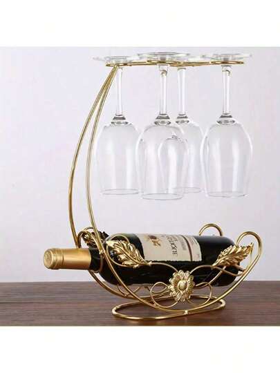 WWFW Modern Wrought Iron Wine Glass Rack - Vertical Metal Bottle Rack, Tabletop Stemware Rack, Inverted Wine Glass Display, Can Hold 1 Bottle Of Wine And 4 Glasses, No Assembly Required