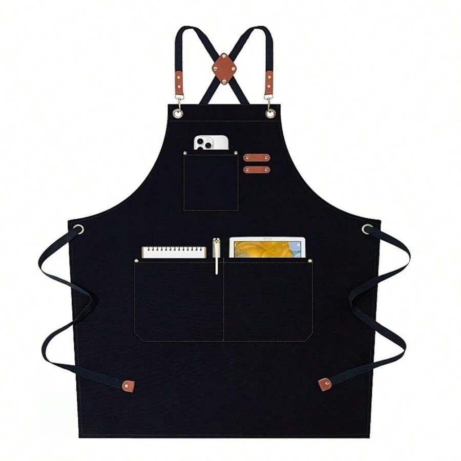 Heavy Duty Chef Apron For Men & Women - Cotton Canvas Crossback Design With Large Pockets - Adjustable Neck & Waist - màu đen - Xem 1