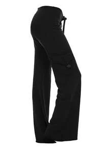 Women's High Waist Yoga Multi-Pocket Overalls Waist Drawstring Design Fabric Elastic Comfortable Casual - màu đen - Xem 2