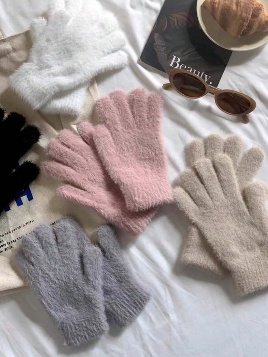 5 pares de guantes de punto de lujo tipo cachemira, guantes de invierno sólidos y suaves para mujer, regalos perfectos de Navidad, guantes de invierno cálidos, guantes esponjosos lindos, regalo de cumpleaños