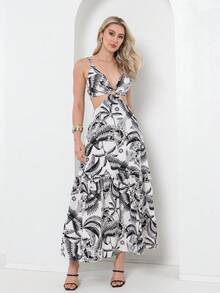 Dress With Elastane At The Back, You Can Tie It At The Back With A Print - 黑色 - 查看 1