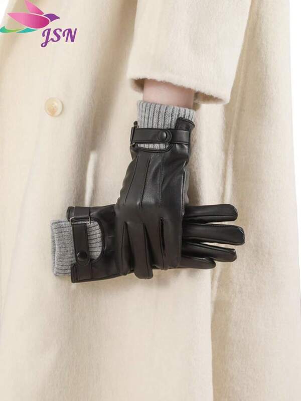 1 par de guantes de mujer de otoño/invierno de unicolor, elegantes y casuales, de piel de PU, con pantalla táctil, de moda, a prueba de viento, impermeables y con forro térmico