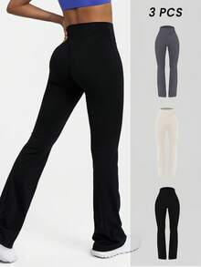 Sodalemon Women Training Fitness 3Pcs Yoga Gym Pants Set Solid Color Bust Lifting Running Casual Sport Flare Pants Tights - 彩色 - 查看 3