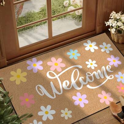 1 pieza Felpudo de bienvenida con patrón floral colorido, estilo rústico, lavable a máquina de fibra de poliéster, adecuado para sala de estar, cocina, dormitorio, entrada, decoración del hogar, decoración de la habitación, todo el año