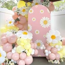 6.6FT Pink Daisies Arched Wall Cover Round Arch Backdrop For Birthday Party Banquet Wedding Decor(6.56x3.28ft,No Frame No Zipper)