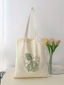 Sac de courses à motif végétal simple, sac de livre de style Ins, sac fourre-tout à motif de feuilles pour le trajet, sac de courses de style frais, sac de rangement pliable, léger et grande capacité, sac de livre de style littéraire, sac de voyage, sac de cabine - Multicolore - Voir 9