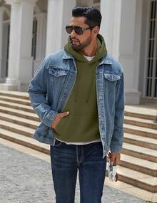 Men Cotton Fleece Hooded Sweatshirt Casual Long Sleeve Hoodies Pullover Fashion Drawstring Hoodie With Kanga Pocket - 軍綠色 - 查看 4