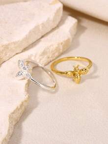 18K镀金/镀银不锈钢蜜蜂戒指，简约时尚婚礼首饰装饰 - 1 - 查看 5