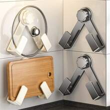 1pc/2pcs/3pcs/4pcs Suction Cup Rotating Pot Lid Rack, Drill-Free Black/White/Gray Carbon Steel Storage Rack, Suitable For Storing Pot Lids/Cutting Boards/Items Behind Doors, Applicable For Kitchen, Bathroom, Behind Doors, All Seasons, Wall-Mounted Installation Without Nails