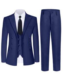 3pcs Navy Blue Boys Formal Suit Set, Toddler Tuxedo Outfit, Wedding Pageboy Suit, Jacket, Vest, Pants, Size 6-16 Years - Navy Blue - View 1