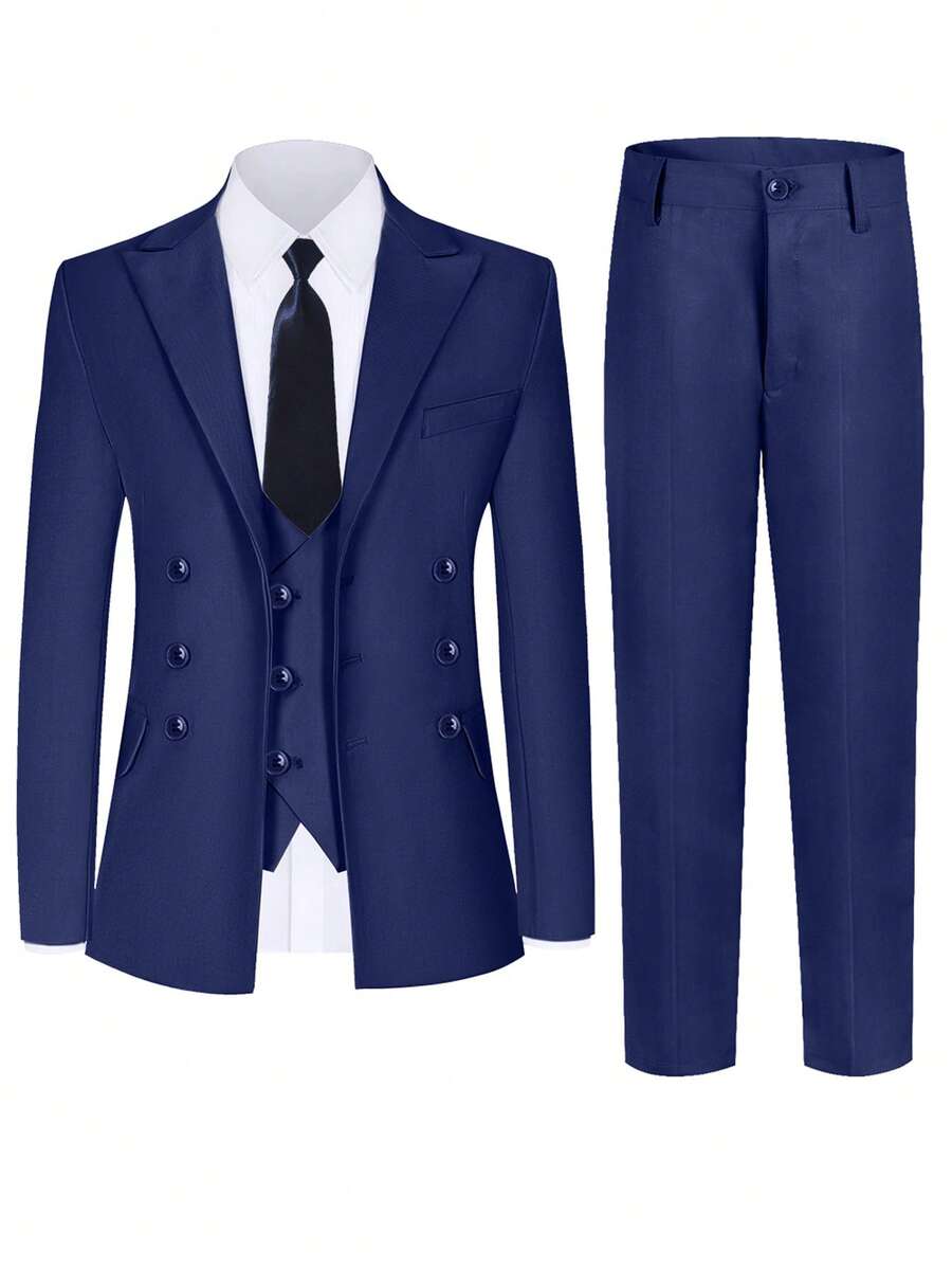 3pcs Navy Blue Boys Formal Suit Set, Toddler Tuxedo Outfit, Wedding Pageboy Suit, Jacket, Vest, Pants, Size 6-16 Years - Navy Blue - View 1