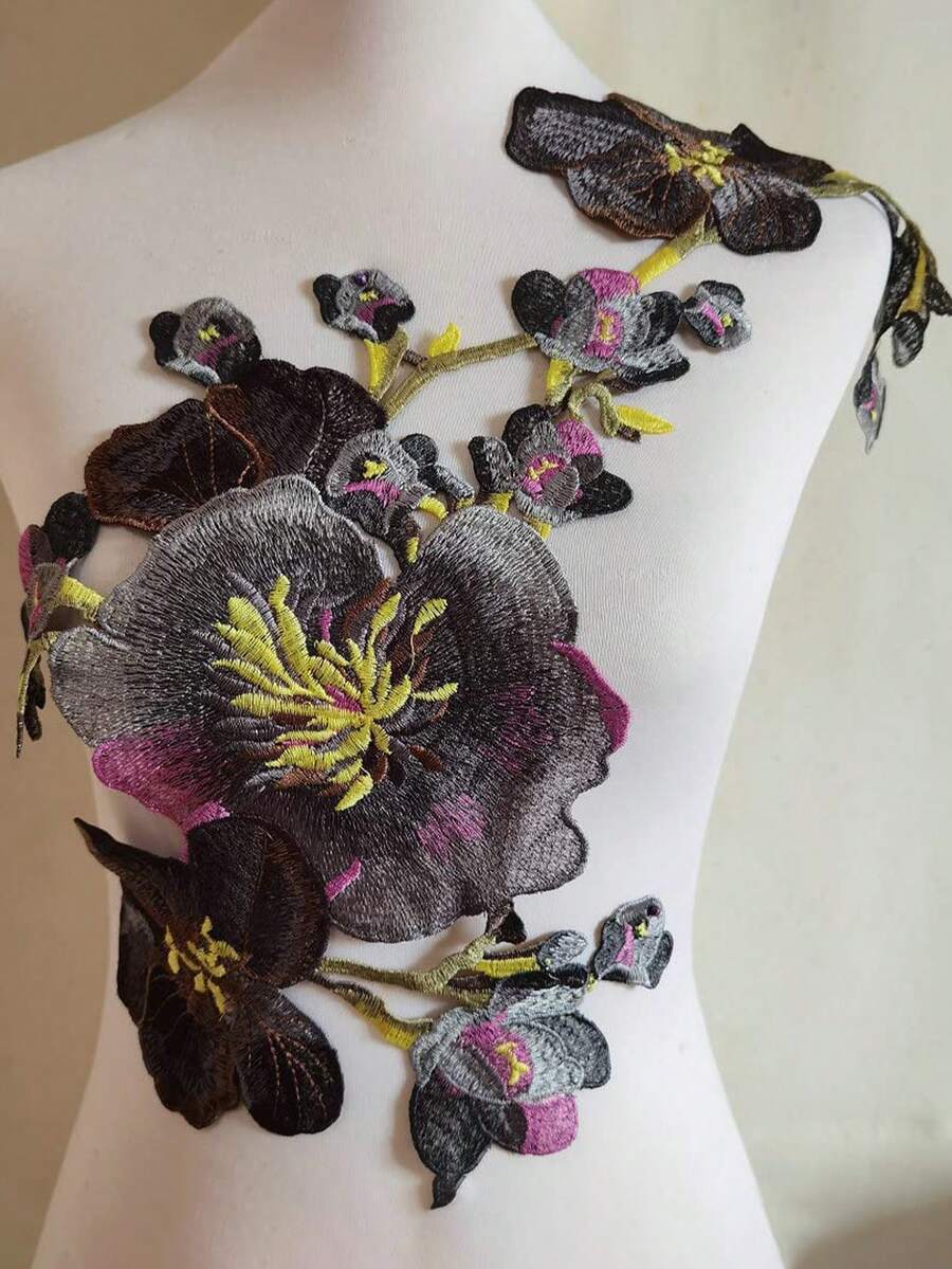 1pc Black Embroidered Water-Soluble Lace Fabric Patch, Traditional Chinese Peony Flower Fabric Applique - Black - View 1