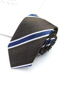 1pc Navy & Coffee Striped Handmade Unisex Necktie, Suitable For Business, Party, Casual Wear