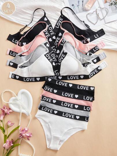 4SETS Romantic Ribbed Bra And Panty Set, Comfortable Wireless, Simple And Casual, Adjustable Shoulder Straps, Sporty Women's Lingerie Set