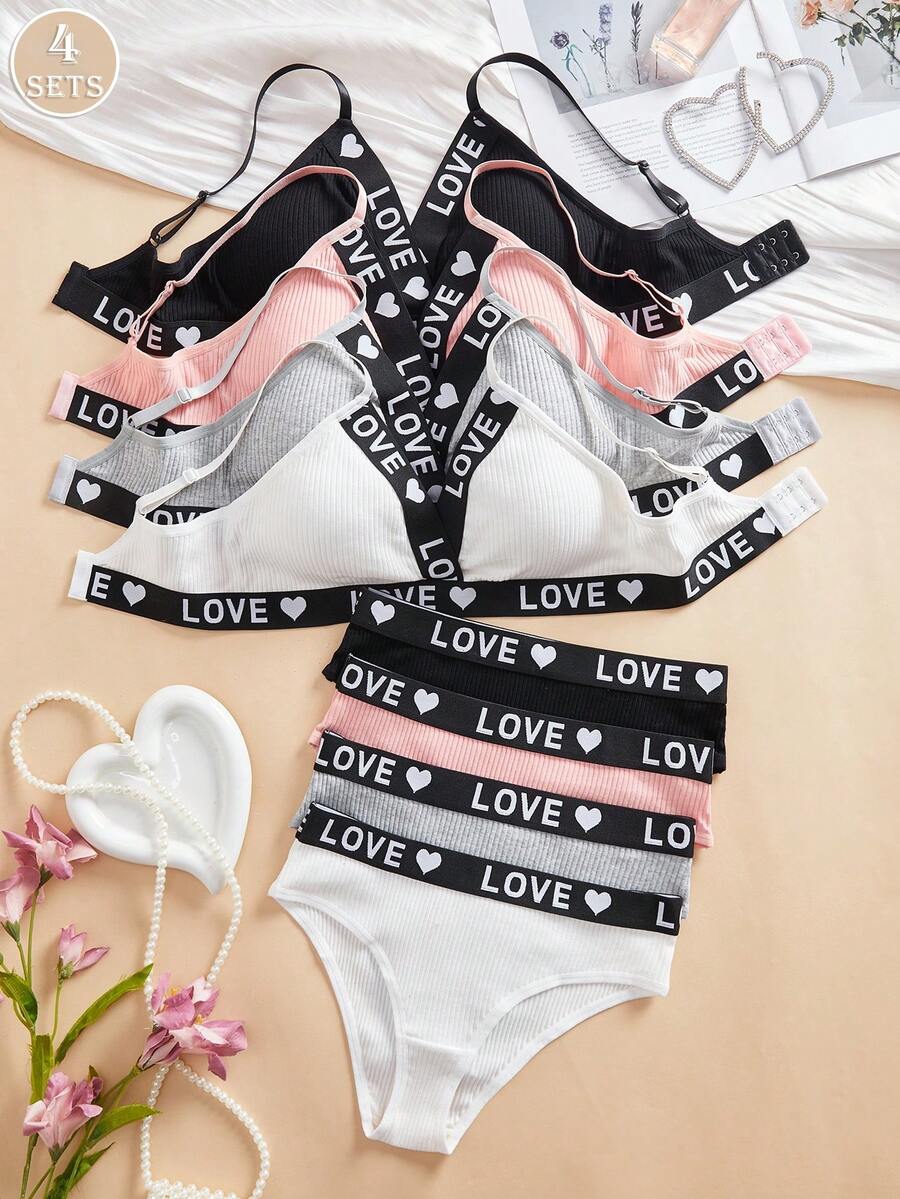 4SETS Romantic Ribbed Bra And Panty Set, Comfortable Wireless, Simple And Casual, Adjustable Shoulder Straps, Sporty Women's Lingerie Set - Multicolor - View 1