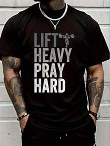100% Cotton Lift Heavy Pray Hard Gym Jesus Christian Faith Men T-Shirt Fashion Printing Tshirt Fashion Printing Tshirt Men Graphic Tee - 黑色 - 查看 1