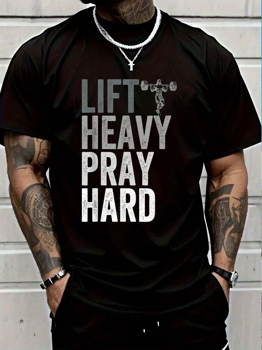 100% Cotton Lift Heavy Pray Hard Gym Jesus Christian Faith Men T-Shirt Fashion Printing Tshirt Fashion Printing Tshirt Men Graphic Tee - 黑色 - 查看 1